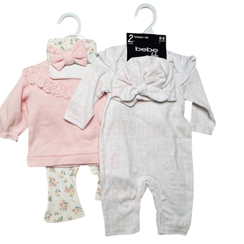 NWT Bundle - Nicole Miller & Bebe Baby Girl Sets Pink Floral White Logo - 0-3M